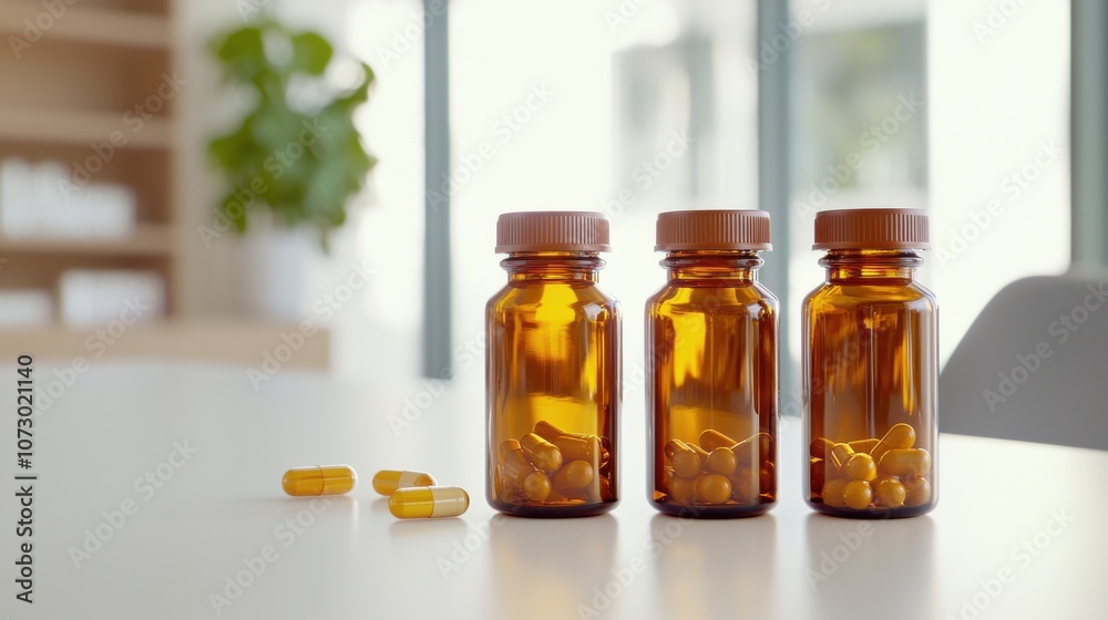 Clean and Organized Bottles of Cancer Therapy Medication on a White Table with Capsules on the Surface and Natural Light Filtering Through a Window Clean and Organized Bottles of Cancer Therapy Medication on a White Table with Capsules on the Surface and Natural Light Filtering Through a Window
