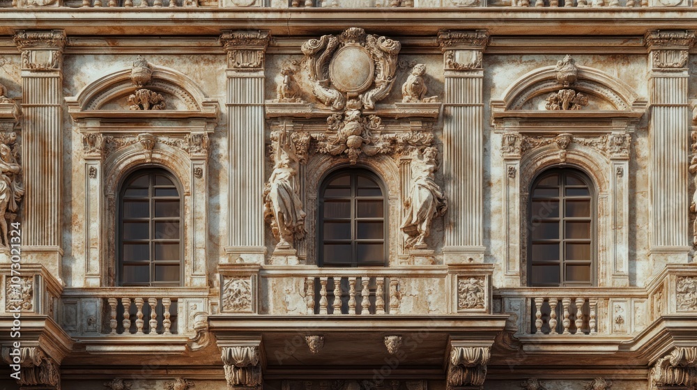 Closeup of a classic building facade with three windows, ornate sculptures, and a balcony. Closeup of a classic building facade with three windows, ornate sculptures, and a balcony.