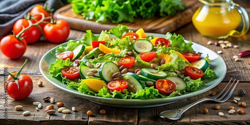 A Fresh Green Salad with Sliced Cucumbers, Cherry Tomatoes, and Yellow Peppers on a Rustic Wooden Table