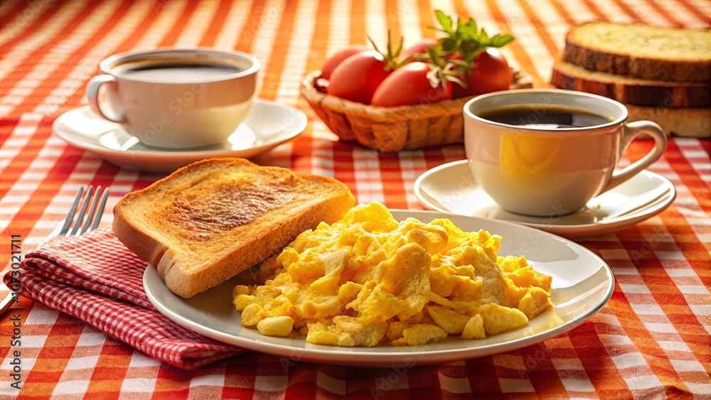 A Simple Breakfast Spread with Scrambled Eggs, Toast, and Coffee on a Red and White Checkered Tablecloth A Simple Breakfast Spread with Scrambled Eggs, Toast, and Coffee on a Red and White Checkered Tablecloth