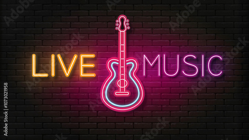 Neon live music sign with guitar on brick wall background

