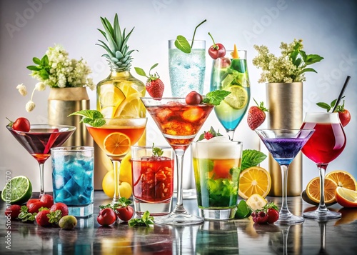 A Stunning Set of Various Colorful Cocktails on a White Background Featuring Unique Garnishes and Eye-Catching Glassware, Perfect for Beverage Menus and Celebratory Occasions