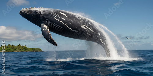 whale breach in front of beautiful island with rainbow. created by Generative AI