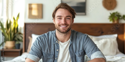 Cheerful Young Man Smiling in a Cozy Bedroom Setting