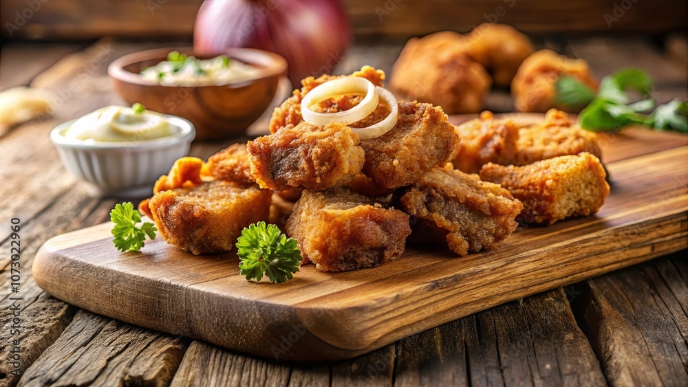 Golden Brown Fried Bites Served on Rustic Wooden Board with Aromatic Garnish Golden Brown Fried Bites Served on Rustic Wooden Board with Aromatic Garnish