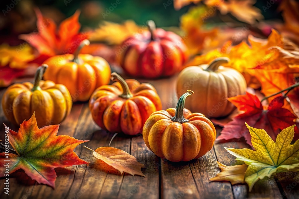 Autumn Still Life Featuring Mini Pumpkins, Vibrant Maple Leaves, and Warm Textures in a Tilt-Shift Perspective Capturing the Essence of Fall in a Cozy Setting Autumn Still Life Featuring Mini Pumpkins, Vibrant Maple Leaves, and Warm Textures in a Tilt-Shift Perspective Capturing the Essence of Fall in a Cozy Setting