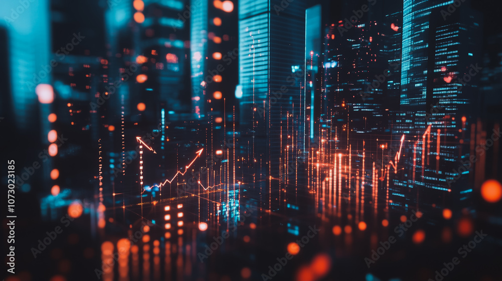 Obraz premium Smart digital Innovation city Business skyscrapers in the Financial District with connection network reciprocity over the cityscape. of future smart wireless digital city and social media networking