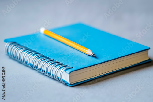 A blue notebook with a yellow pencil on top of it photo