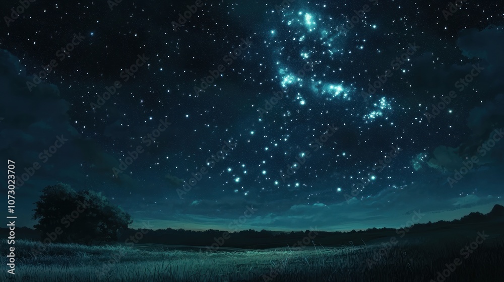 A vast, star-filled night sky over a field with a lone tree silhouette in the foreground. A vast, star-filled night sky over a field with a lone tree silhouette in the foreground.