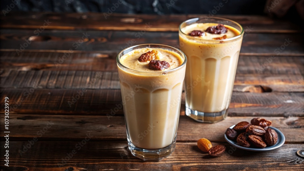 Creamy Coffee Smoothie with Toasted Nuts and a Rustic Wooden Background Creamy Coffee Smoothie with Toasted Nuts and a Rustic Wooden Background