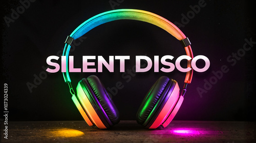 Silent disco headphones with colorful LED lights on black background

