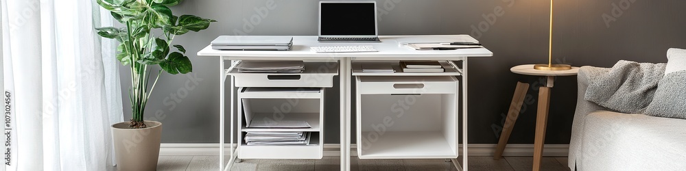 Modern home office setup with laptop on desk