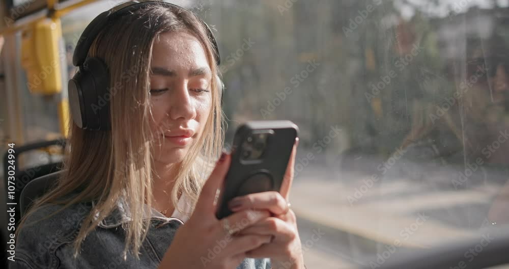 Handheld video of a young girl in a casual denim jacket and wireless headphones riding a city tram, sitting on a seat and listening to music from her phone Handheld video of a young girl in a casual denim jacket and wireless headphones riding a city tram, sitting on a seat and listening to music from her phone