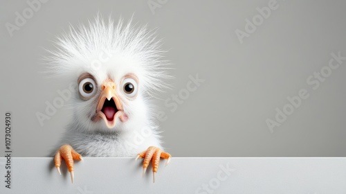 White bird with a big beak and long hair is standing on a white wall. The bird is looking at the camera with a surprised expression