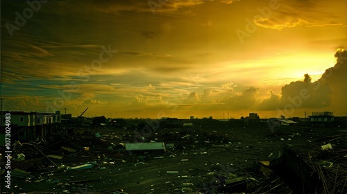 Dramatic Sunset Over Urban Wasteland with Debris and Ruined Buildings photo