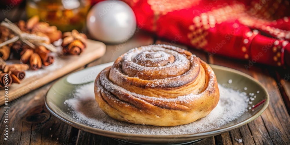 A Freshly Baked Cinnamon Roll with a Delicate Layer of Powdered Sugar, Glowing Warmly on a Rustic Wooden Table