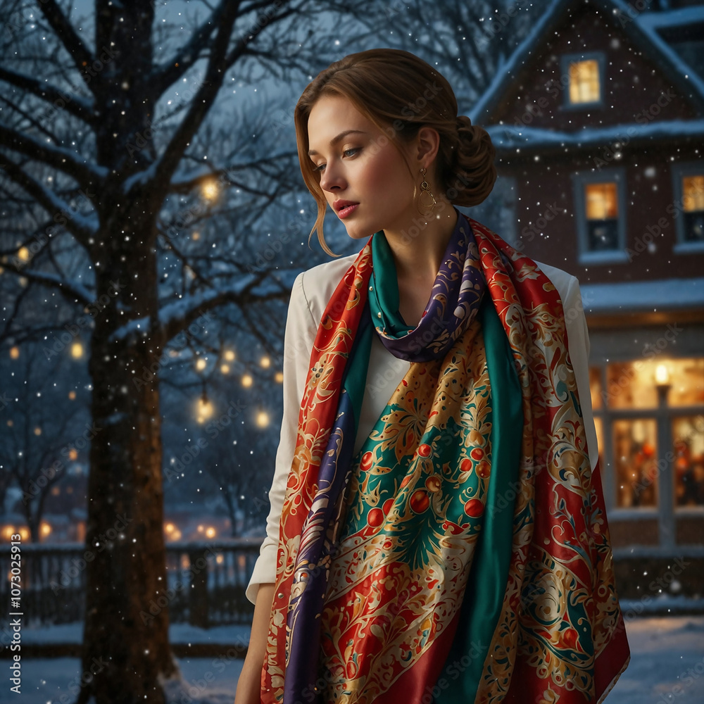 an AI-generated illustration of a beautiful woman in front of a decorated Christmas tree