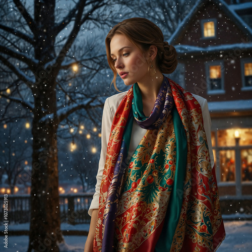 Obraz na płótnie an AI-generated illustration of a beautiful woman in front of a decorated Christmas tree w salonie