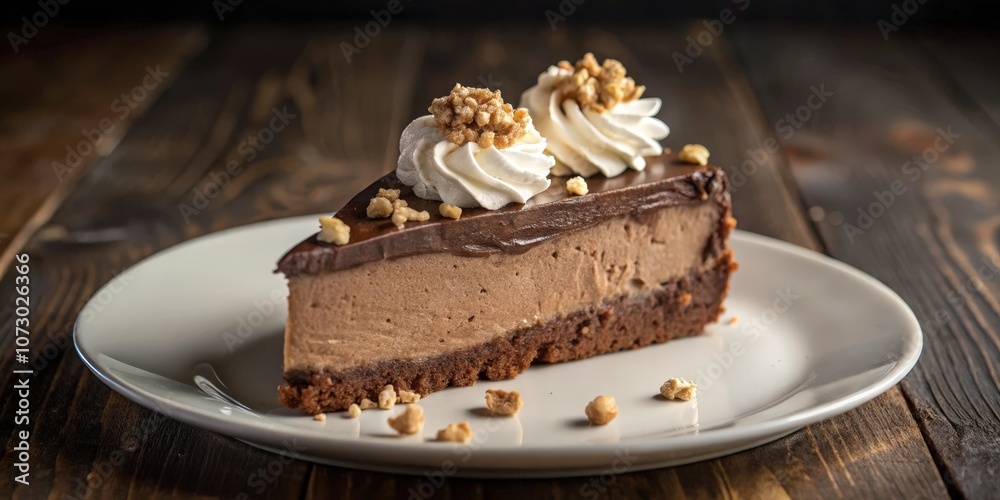 A single slice of chocolate mousse cake with whipped cream and a crunchy topping, resting on a white plate against a rustic wooden background. A single slice of chocolate mousse cake with whipped cream and a crunchy topping, resting on a white plate against a rustic wooden background.