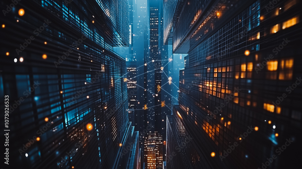 Naklejka premium Smart digital Innovation city Business skyscrapers in the Financial District with connection network reciprocity over the cityscape. of future smart wireless digital city and social media networking