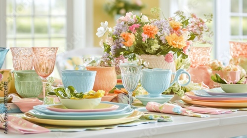 Wallpaper Mural A pastel-colored table setting with a vase of flowers, plates, bowls, and glasses, perfect for a spring brunch. Torontodigital.ca