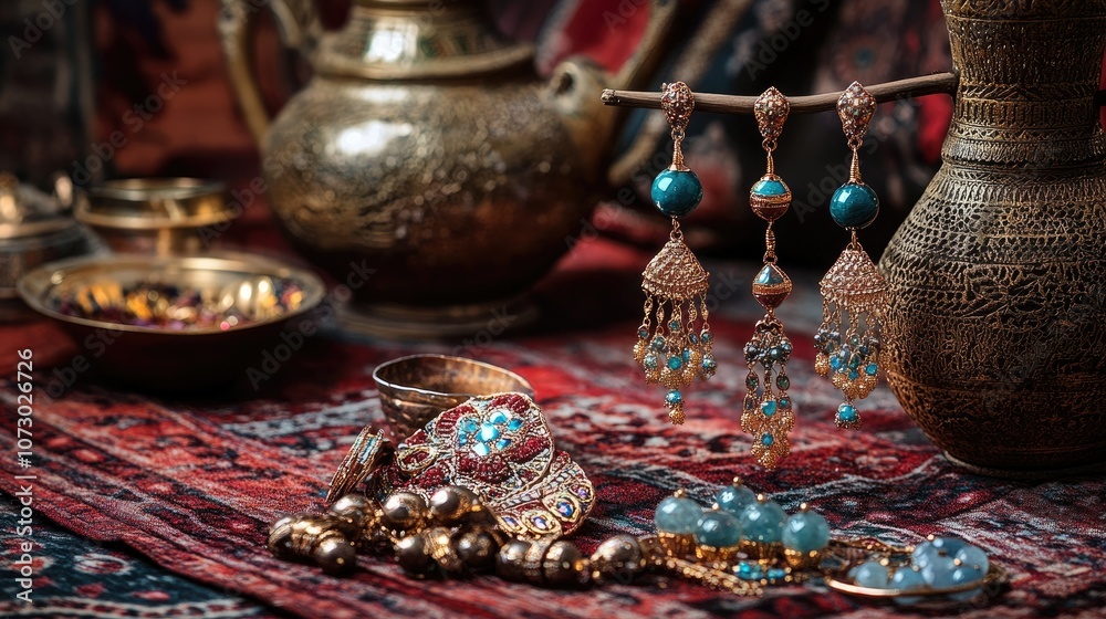 Elegant Jewelry Display on Colorful Textile Background Elegant Jewelry Display on Colorful Textile Background