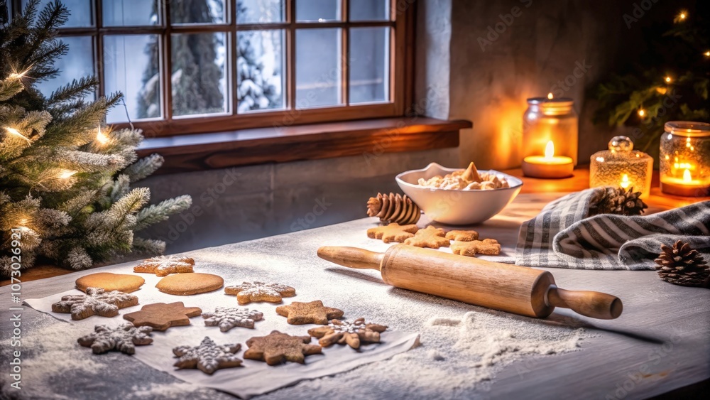 Freshly baked Christmas cookies arranged on a white tablecloth with a dusting of powdered sugar, a wooden rolling pin, and a snowy window in the background.