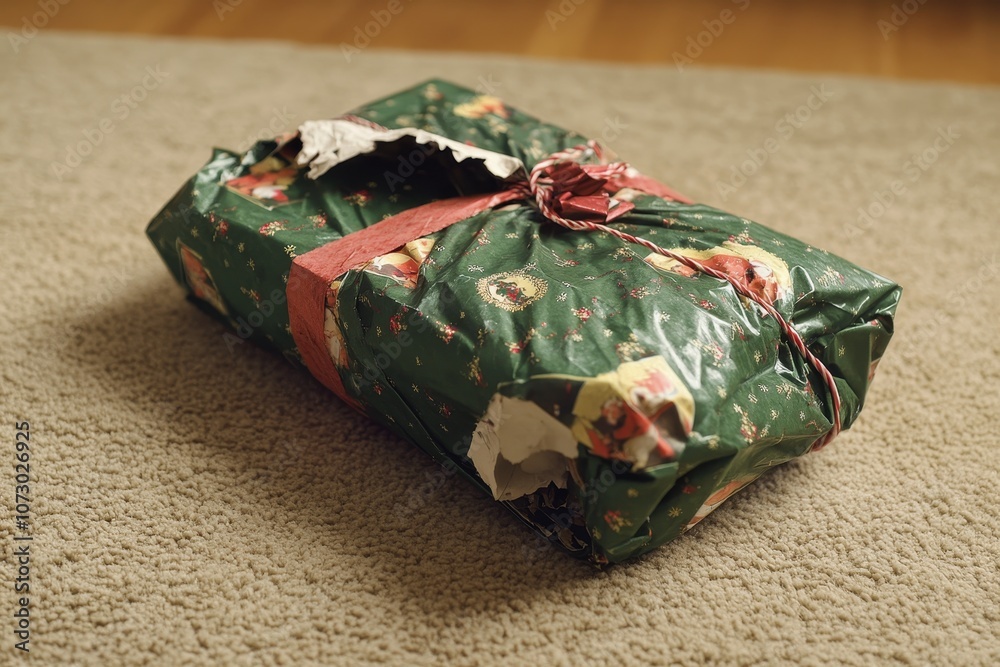Naklejka premium Humorous holiday gift wrapping a christmas present wrapped so poorly its contents are obvious