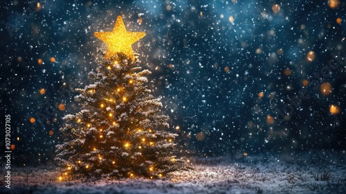A Beautifully Decorated Christmas Tree Illuminated Under a Starry Winter Sky with Soft Snowflakes Gently Falling Around Creating a Magical Holiday Atmosphere