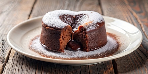 A decadently rich chocolate cake with a molten center, dusted with powdered sugar, sits on a white plate atop a rustic wooden surface. photo