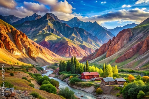 Breathtaking Architectural Photography of Komershi Gorge in the Ketmen Mountain Region of Uzynkar, Showcasing the Majestic Tien Shan Mountain System in Kazakhstan photo