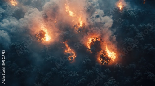 Aerial view of a devastating forest fire at dusk. Generative AI image