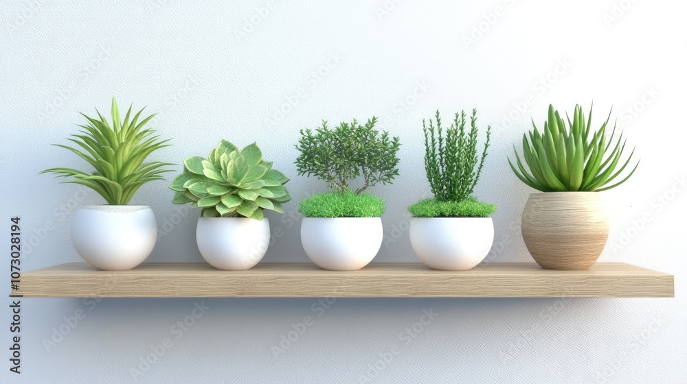 Fototapeta premium Beautifully arranged variety of green plants in white pots on a wooden shelf, showcasing modern interior decoration and enhancing indoor ambiance with natural elegance.