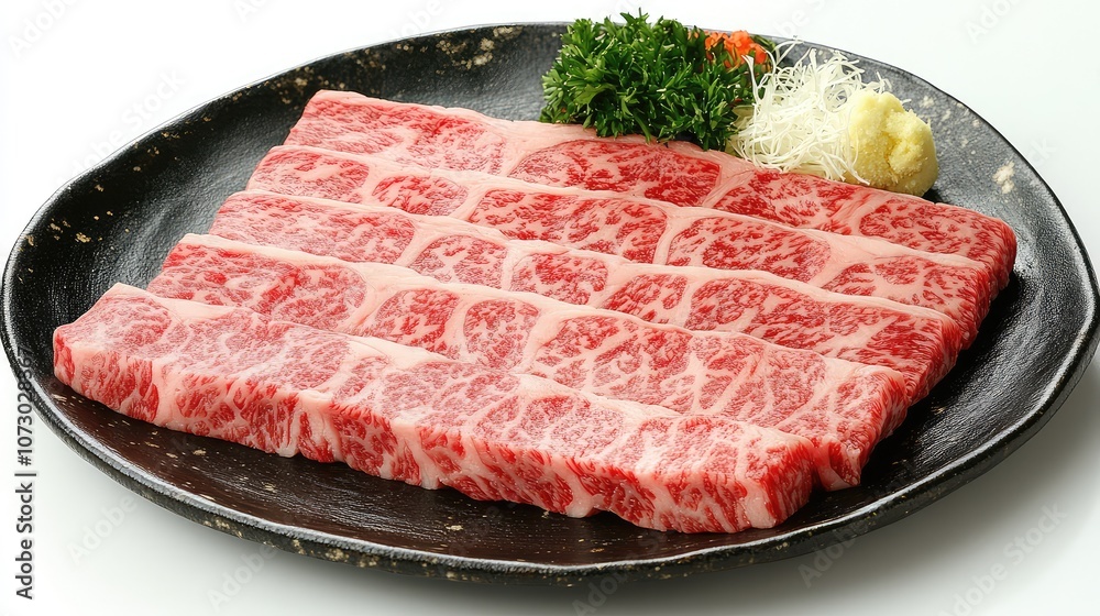 A close-up view of high-quality marbled beef on a black plate, garnished with fresh greens, wasabi, and shredded vegetables for a gourmet culinary presentation A close-up view of high-quality marbled beef on a black plate, garnished with fresh greens, wasabi, and shredded vegetables for a gourmet culinary presentation