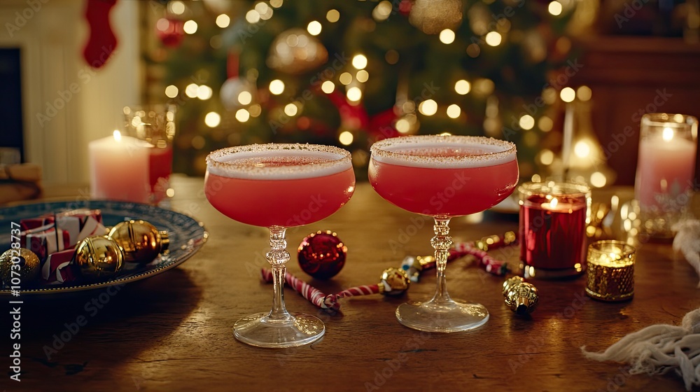 Elegant Christmas Cocktails on a Festive Table Setting with Twinkling Lights, Glittering Ornaments, and Warm Candle Glow, Perfect for Holiday Soirees and Celebrations Elegant Christmas Cocktails on a Festive Table Setting with Twinkling Lights, Glittering Ornaments, and Warm Candle Glow, Perfect for Holiday Soirees and Celebrations