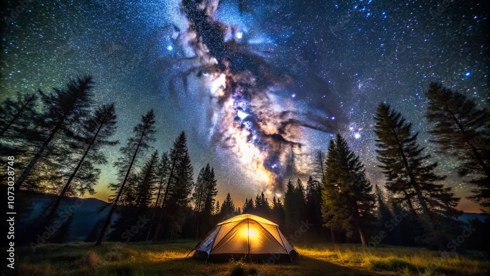A luminous tent glows beneath a night sky filled with swirling galaxies, illuminating a landscape where tall trees stand in silent, shadowed contemplation. A luminous tent glows beneath a night sky filled with swirling galaxies, illuminating a landscape where tall trees stand in silent, shadowed contemplation.