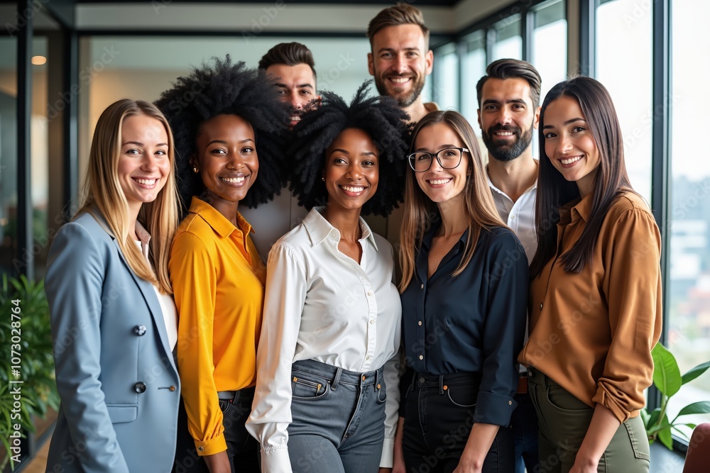 Diverse team smiling in modern office setting with natural light and indoor plants Diverse team smiling in modern office setting with natural light and indoor plants
