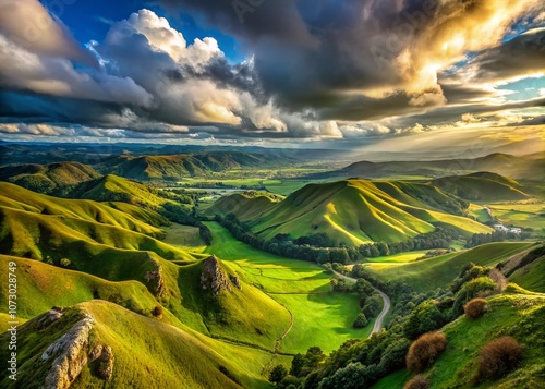 Breathtaking Panoramic View from Te Mata Peak in New Zealand Showcasing Lush Green Valleys, Rolling Hills, and Expansive Skies for Nature Enthusiasts and Landscape Lovers photo