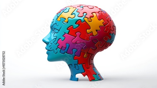 Puzzle of a brain with a blue face. The puzzle is made up of different colored pieces