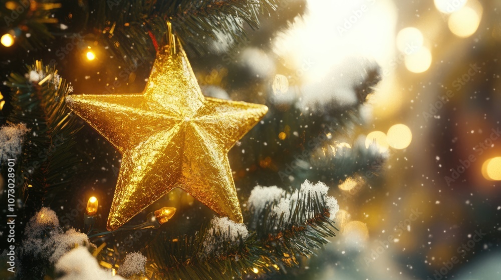Beautifully Decorated Christmas Tree with Golden Star Ornament and Soft Snowflakes Against Bright Bokeh Background Creating a Festive Atmosphere of Holiday Cheer Beautifully Decorated Christmas Tree with Golden Star Ornament and Soft Snowflakes Against Bright Bokeh Background Creating a Festive Atmosphere of Holiday Cheer