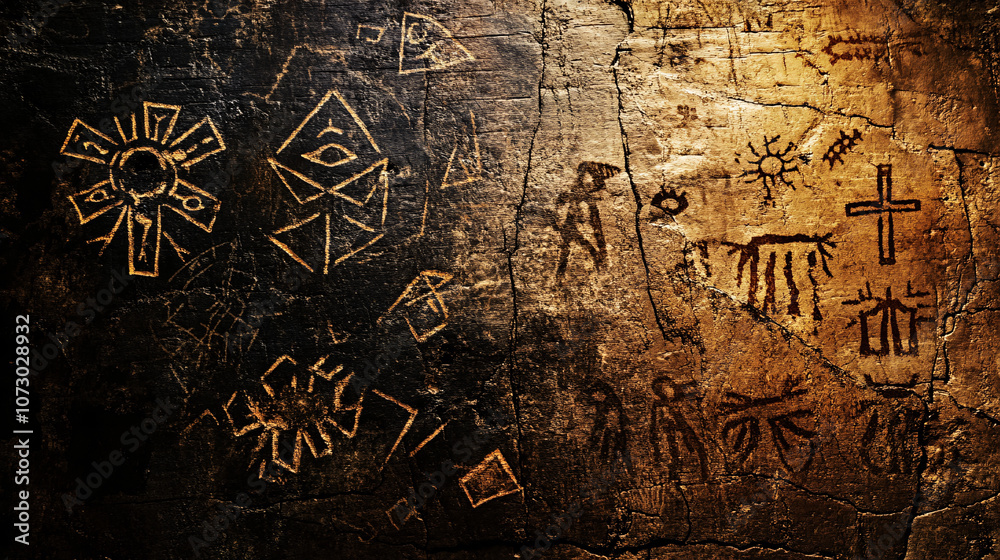 Fototapeta premium dark gold stone wall texture with ancient carvings background