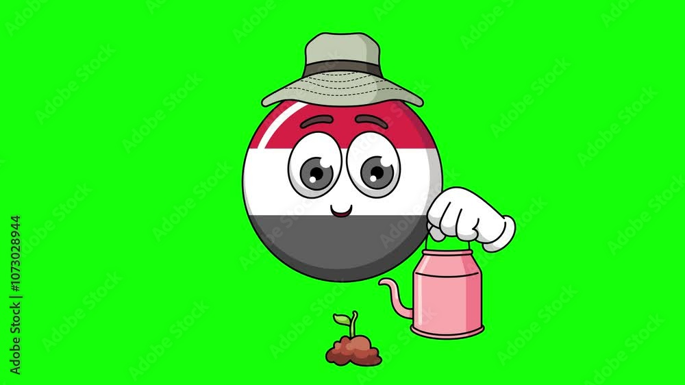 yemen cartoon is watering a plant, wearing a sun hat yemen cartoon is watering a plant, wearing a sun hat