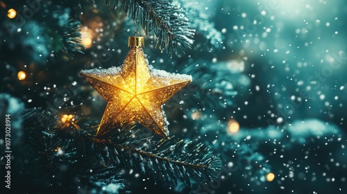 Beautiful golden star ornament covered in snow hanging on a Christmas tree surrounded by twinkling lights and gentle snowfall creating a festive winter atmosphere