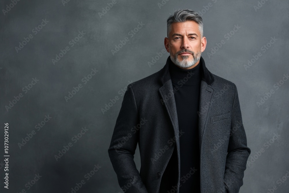 A man in a long wool jacket against the background of a gray studio interior A man in a long wool jacket against the background of a gray studio interior