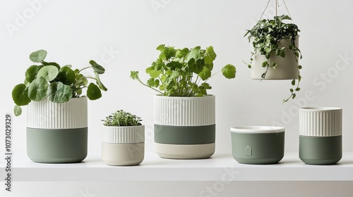 Elegant Collection of Minimalist Plant Pots with Fresh Greenery Displayed on a Stylish Shelf, Ideal for Home Decor and Indoor Gardening Enthusiasts