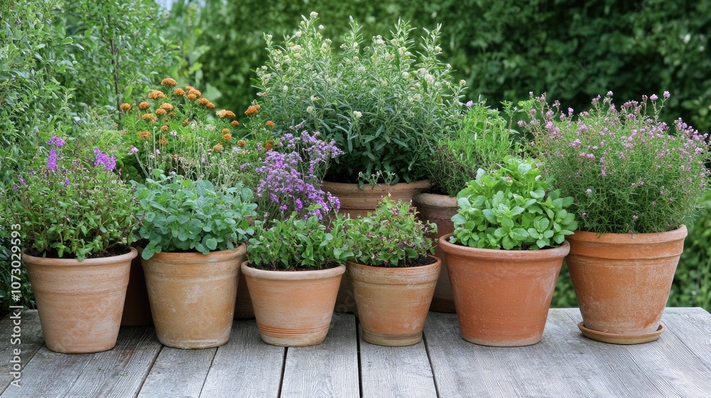 Fototapeta premium A Vibrant Collection of Potted Herbs and Flowers Arranged on a Wooden Surface Surrounded by Lush Greenery, Perfect for Garden Enthusiasts and Nature Lovers