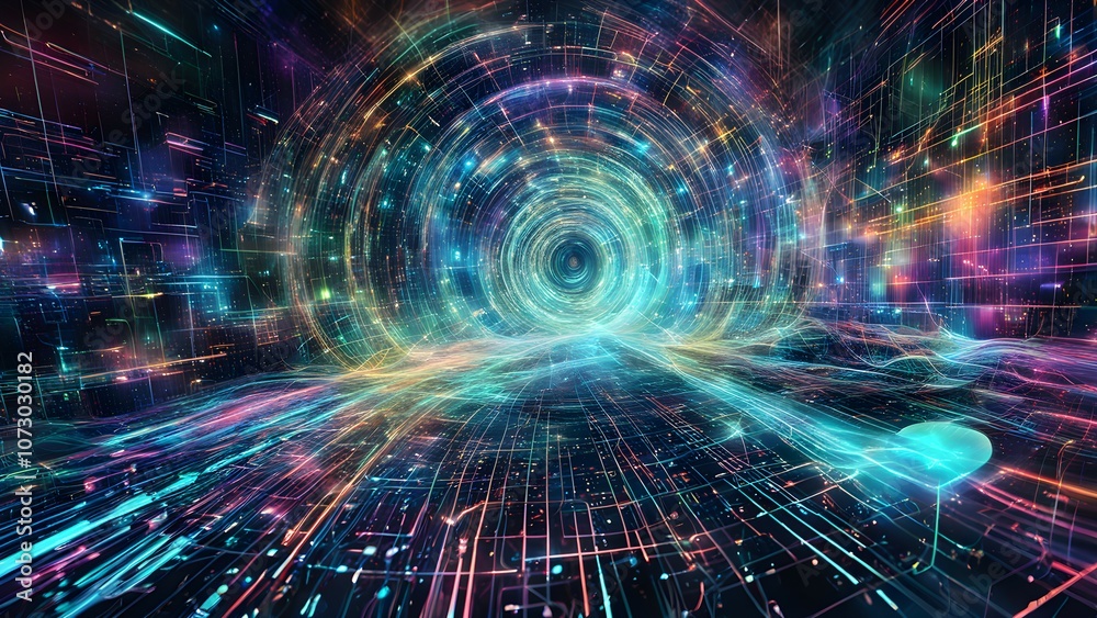 A vibrant, abstract representation of a cosmic tunnel with colorful lights and patterns. A vibrant, abstract representation of a cosmic tunnel with colorful lights and patterns.