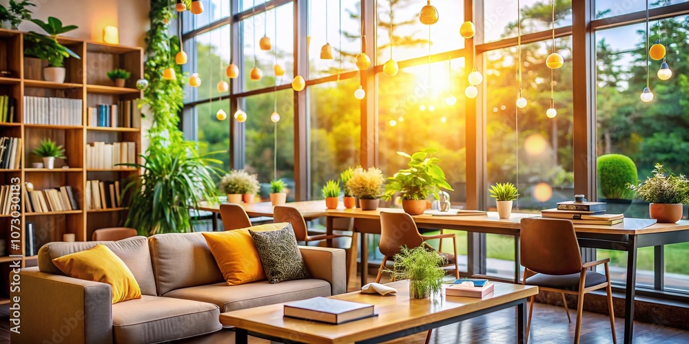 Bright and Inviting University Study Space with Cozy Furniture, Natural Light, and Bokeh Effect for Inspiring Learning Environment Bright and Inviting University Study Space with Cozy Furniture, Natural Light, and Bokeh Effect for Inspiring Learning Environment
