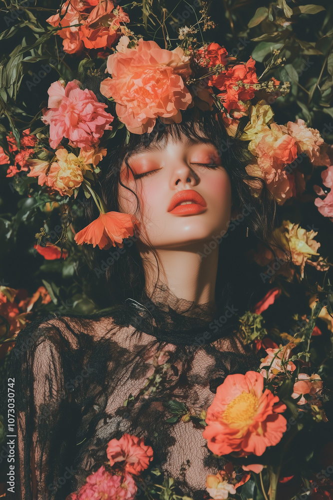 Elegant woman wearing a vibrant floral wreath Elegant woman wearing a vibrant floral wreath