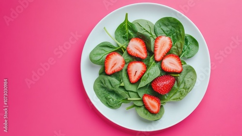 Fresh Spinach and Strawberry Salad on a Bright Pink Background, Showcasing Healthy Ingredients and Vibrant Colors for a Delicious Culinary Experience